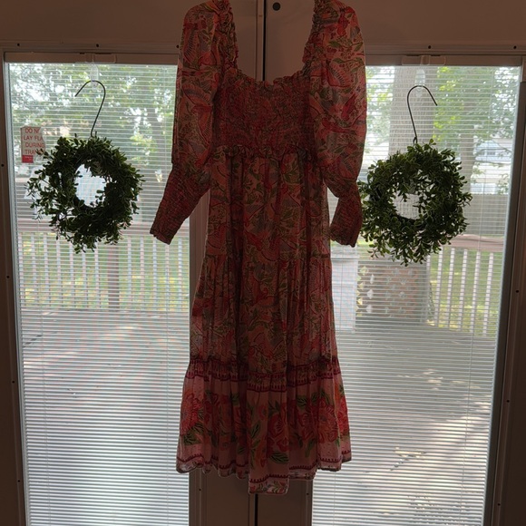 Farm Rio Anthropologie Pink Macaw Flight Smocked Midi Dress - Picture 12 of 13